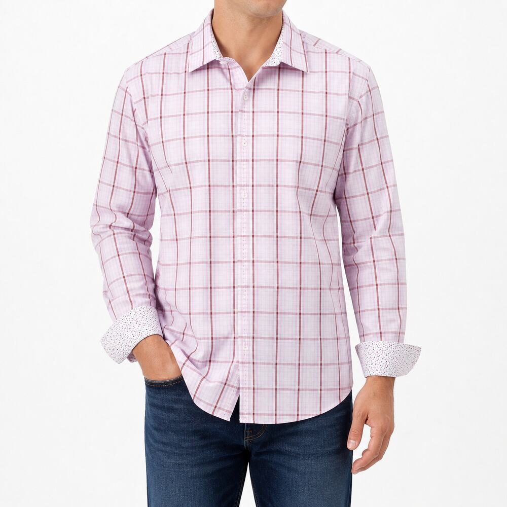 Bugatchi Shirt Mens Medium Pink Plaid Shaped Fit Long Sleeve Button Up Cotton